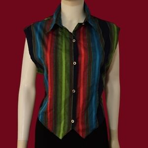 Vtg COWBOY THREADS 1980s Colorful Rainbow Striped Sleeveless Button Down Shirt